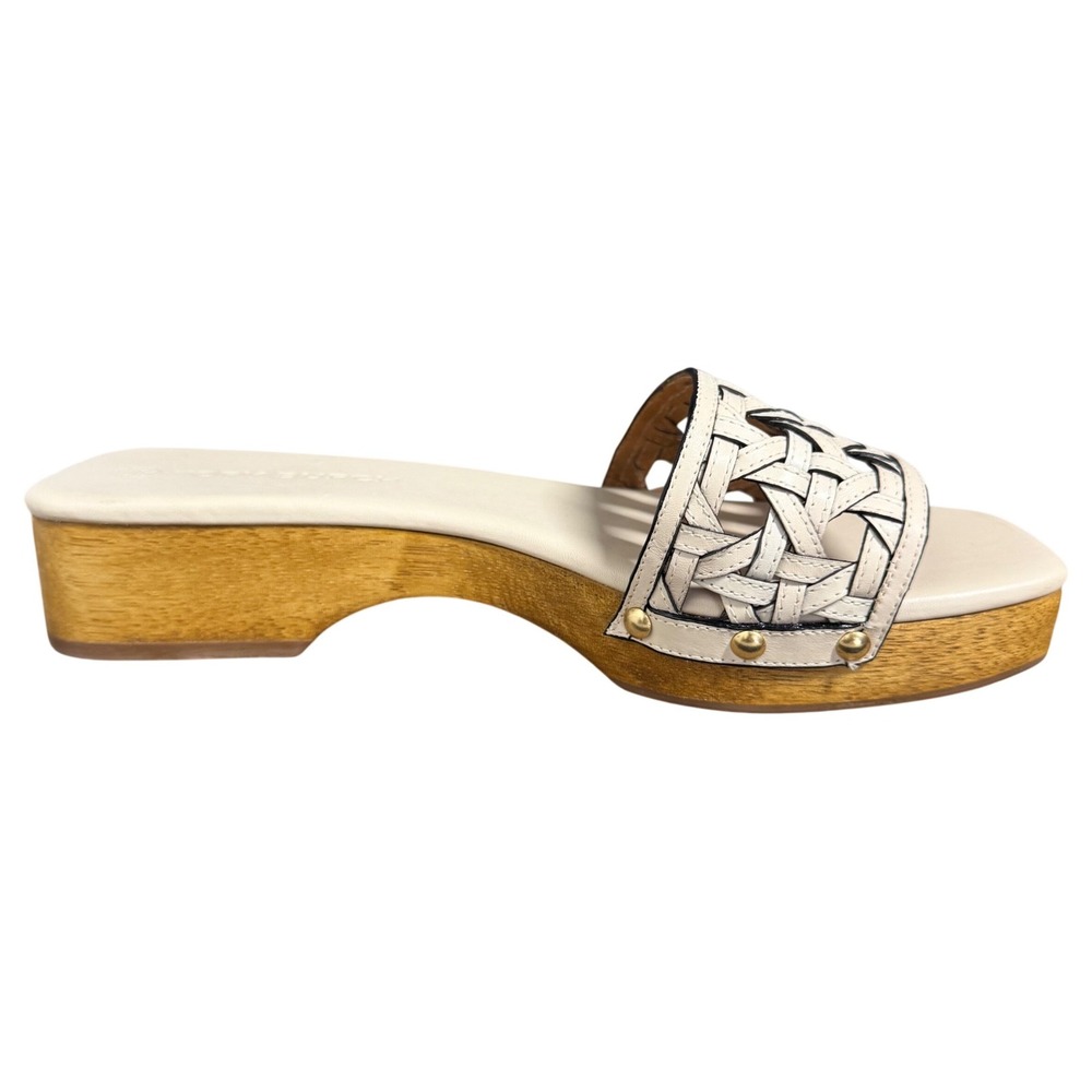 Tory Burch Woven Leather Wood Platform Slide Sandals Cream Black 9M Coastal Prep